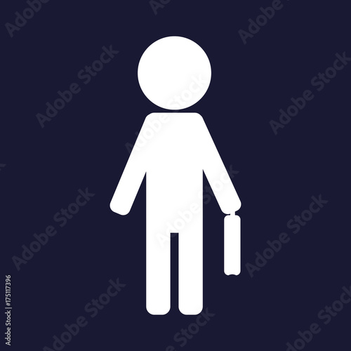 Vector image of a business man with a bag or schoolboy with a briefcase. Vector white icon on dark blue background.