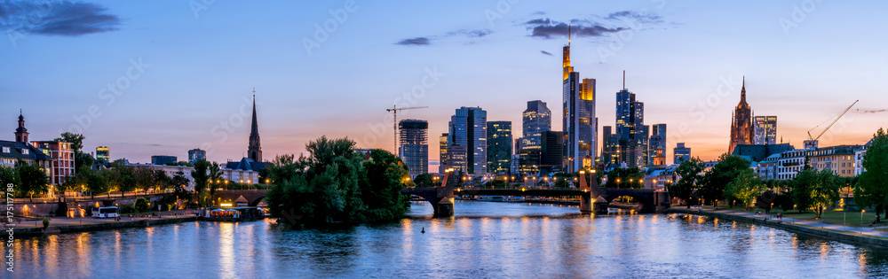 Night panoramic of Frankfurt at Main skyline. Financial center of Germany.