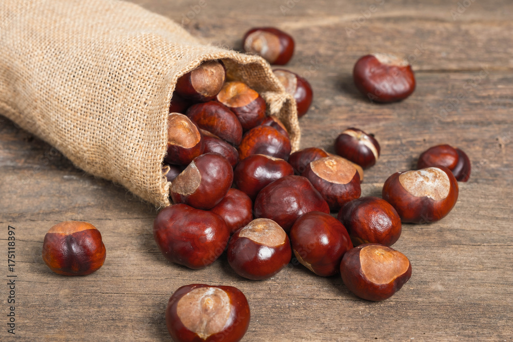 Chestnuts in jute sack on wooden background Chestnuts in jute sack on wooden background