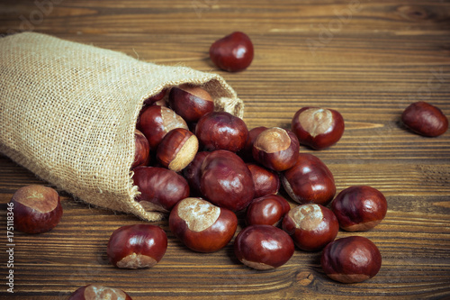 Chestnuts in jute sack on wooden background