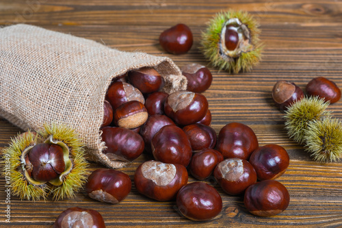 Chestnuts in jute sack on wooden background