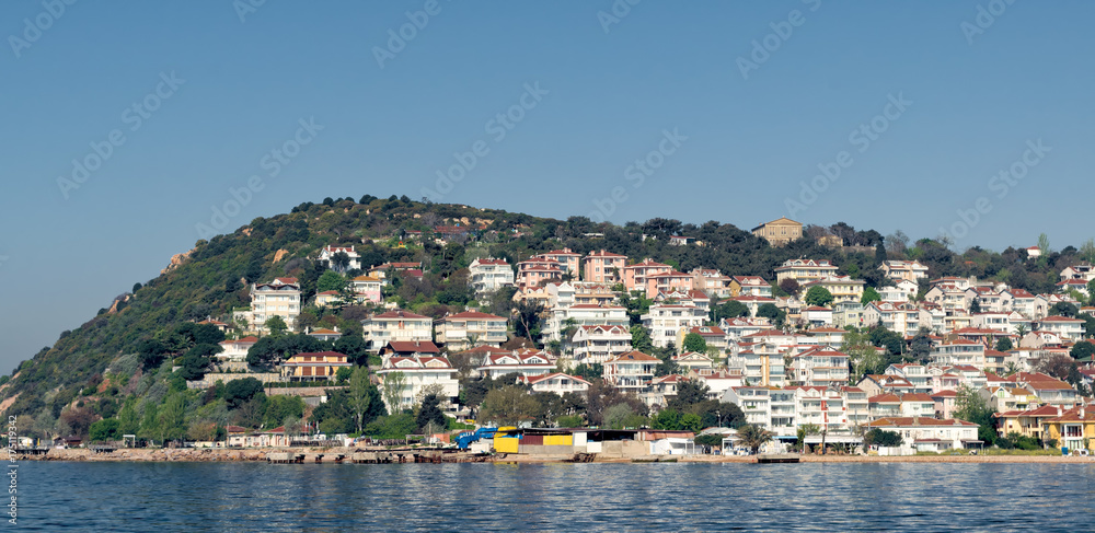 View of Kinaliada island from the sea with summer houses. One of four islands named Princes Islands in the Sea of Marmara near Istanbul