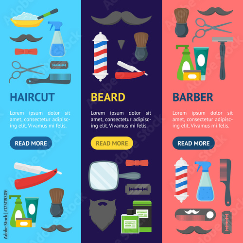 Cartoon Barbershop Shop Banner Vecrtical Set. Vector