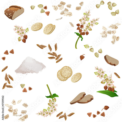 Seamless pattern with buckwheat foodstuff / There are buckwheat ears, bread, flour, grains, pasta, flakes and waffles
