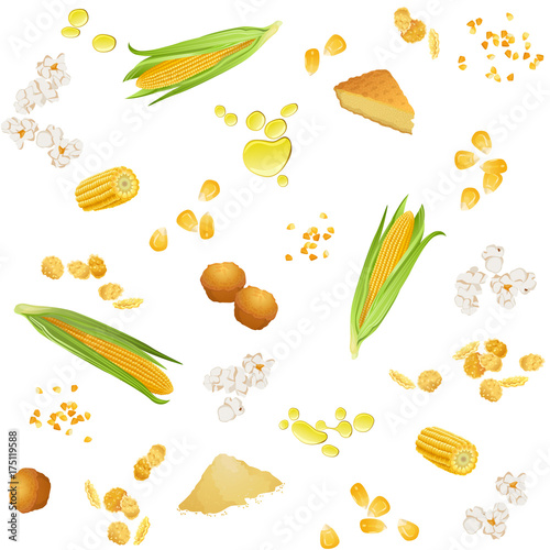 Seamless pattern with corn foodstuff / There are corn ears, grains, oil, pie, cookies, grits, flour, popcorn and flakes

