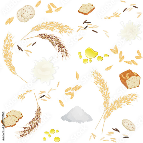 Seamless pattern with rice foodstuff / There are rice ears, flour, grains, milk, oil, bread and waffles
