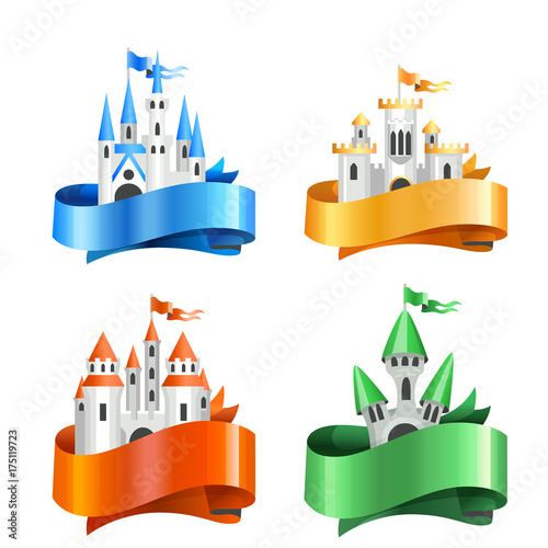 Four types of cartoon castles wrapped in ribbons / There are four cartoon castles in different types. Each castle with its own color of roofs and ribbon
