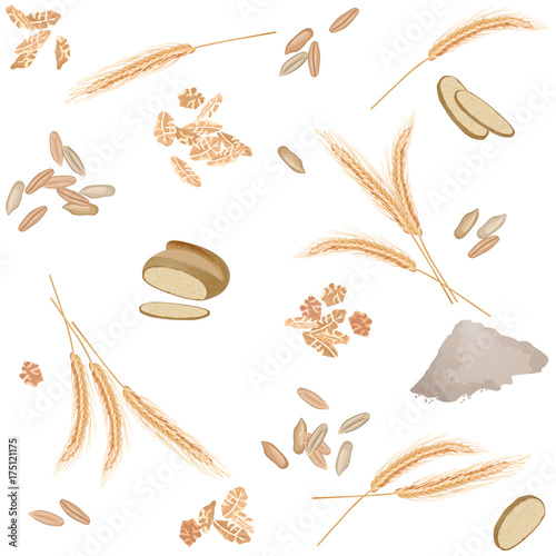Seamless pattern with rye foodstuff / There are rye ears, grains, flakes, bread and flour
