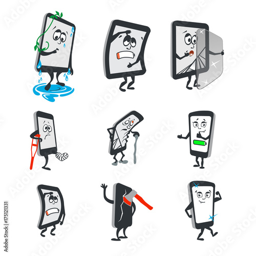 Doodle phones and pads are in bad and good conditions / Phones and pads with eyes and some broken parts
