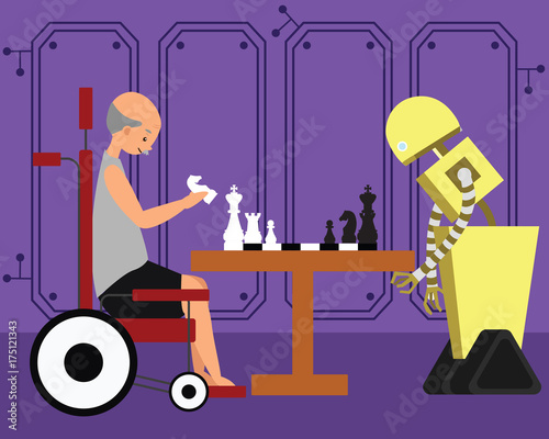 Domestic robot playing chess game with grandfather sitting on his wheelchair. Personal robot friend futuristic concept illustration vector.