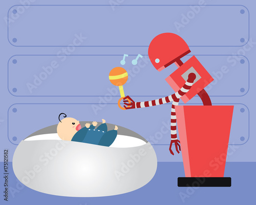 Domestic Robot playing with happy infant baby. Personal robot nanny futuristic concept illustration vector.