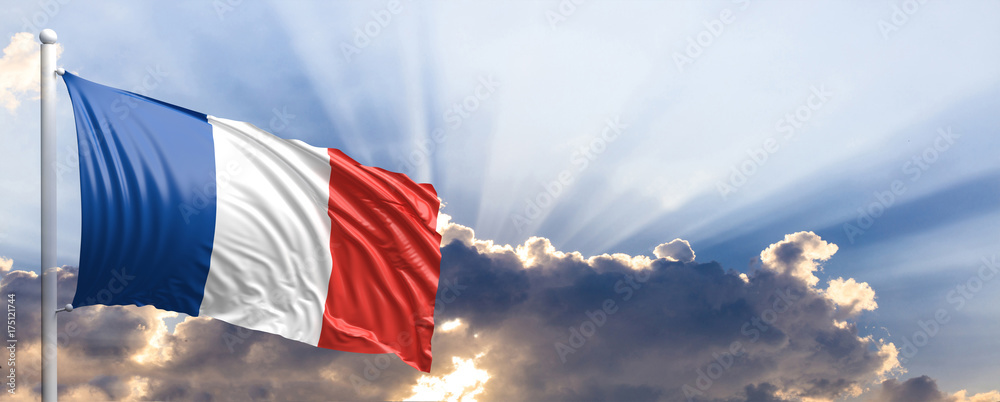 France flag on blue sky. 3d illustration - obrazy, fototapety, plakaty 