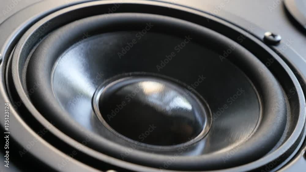 Bass speaker membrane vibrations close-up - Playing low frequencies on acoustic diaphragm Bass speaker membrane vibrations close-up - Playing low frequencies on acoustic diaphragm