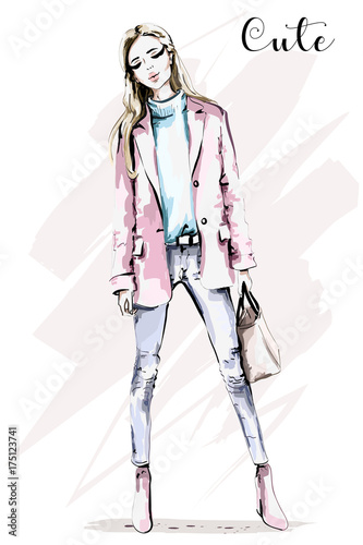 Hand drawn full body woman portrait. Beautiful young girl with bag. Fashion woman. Sketch. 