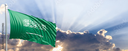 Saudi Arabia flag on blue sky. 3d illustration photo