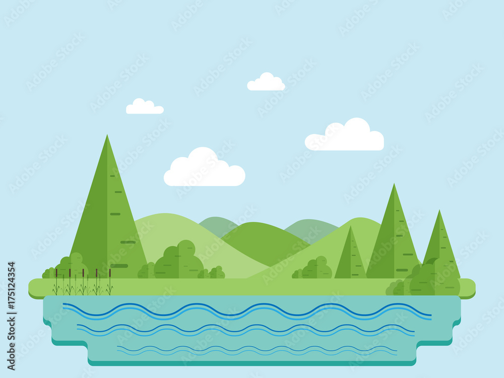 Mountain landscape with lake and forest in flat design style