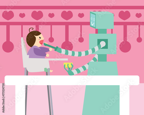 Domestic robot spoon feeding small baby sitting on high chair in kitchen. Personal robot nanny futuristic concept illustration vector.
