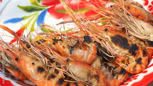 Giant freshwater prawn ready to eat serve in vintage tray