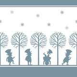 Endless border with funny gnome, leprechaun, dwarf silhouettes in winter garden, cartoon vector illustration on white background. Endless border with funny gnomes, leprechauns, paper cup design
