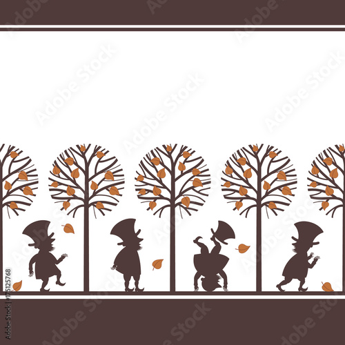 Endless border with funny gnome  leprechaun  dwarf silhouettes in fall  autumn garden  cartoon vector illustration on white background. Endless border with funny gnomes  leprechauns  paper cup design