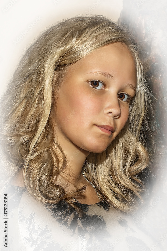Bright blonde with brown eyes looks at you. Bright blonde with brown eyes looks at you.
