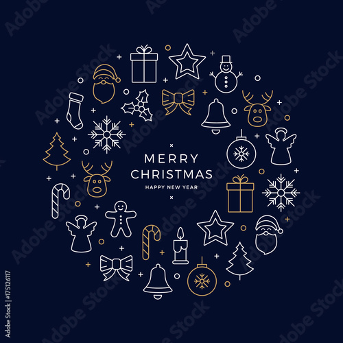 christmas icons elements wreath circle golden white blue background