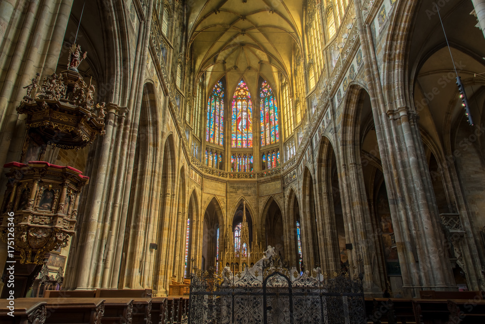 HDR inside the cathedral in Prague with light thru the yellow windows