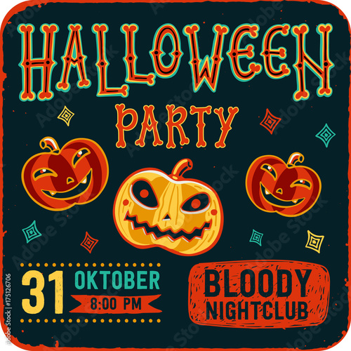 Invitation to Halloween night party. Vintage card with pumpkins on dark background. Vector template. Halloween party invitation card. Halloween flyer with text Halloween party on grunge texture