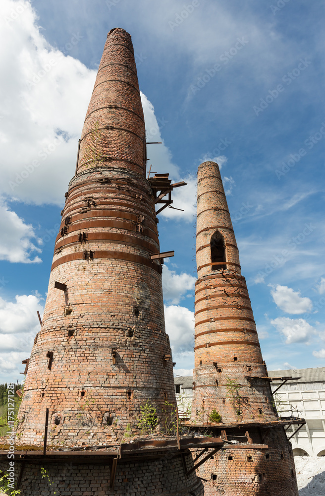Old brick pipes of factory in Ruskeala, Karelia republic, Russia