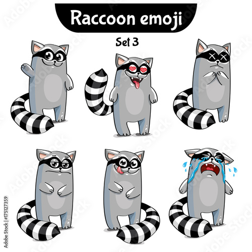 Vector set of cute raccoon characters. Set 4