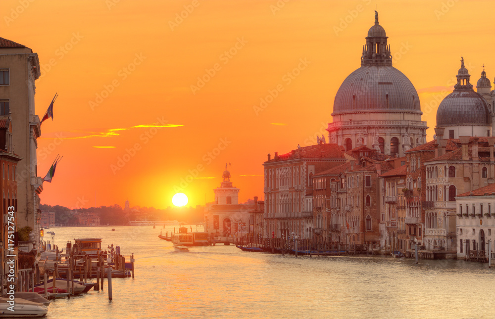 Sunrise in Grand canal with Church of Santa Maria della Salute, Venice, Italy