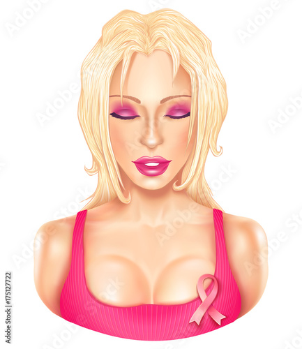 Vector beautiful girl with pink ribbon.
