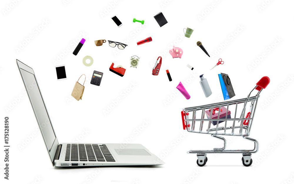 Shopping cart and laptop computer with products isolated on white  background, shop online concept. Stock Photo | Adobe Stock