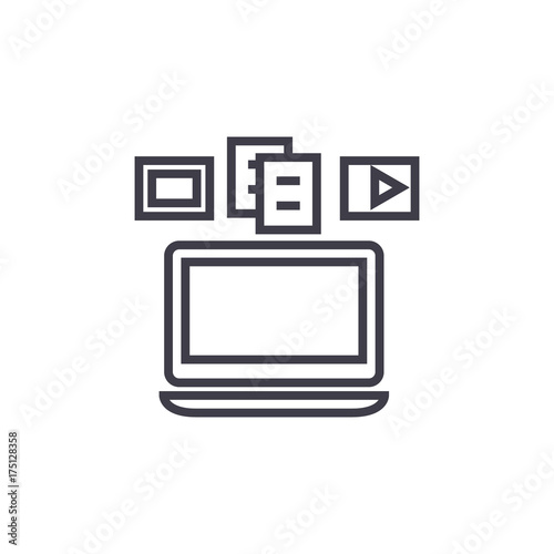 content syncing,laptop media vector line icon, sign, illustration on white background, editable strokes