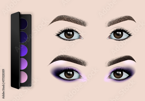 Female eyes and eyebrows before and after makeup. Set of eyeshadows. Realistic vector illustration.