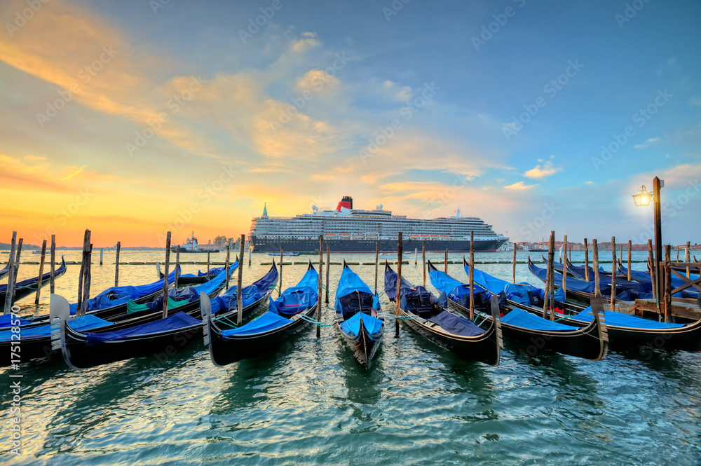 Group of gondolas moored by Saint Mark square