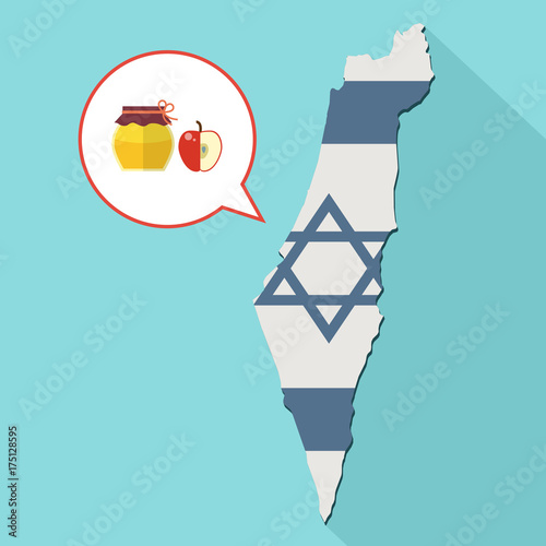 Animation of a long shadow Israel map with its flag and a comic balloon with a honey jar and apple
