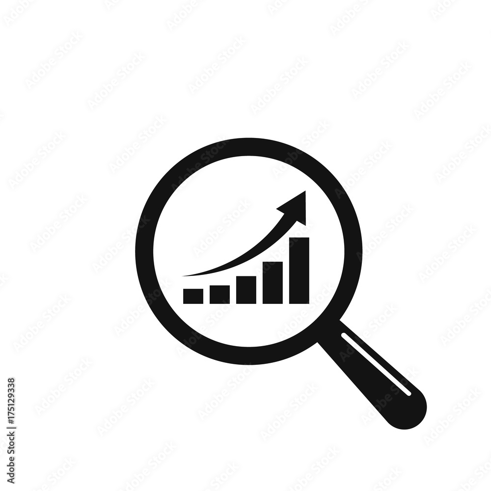 Magnifier with Rising Bars Chart vector icon. Flat style isolated symbol Magnifier with Rising Bars Chart vector icon. Flat style isolated symbol
