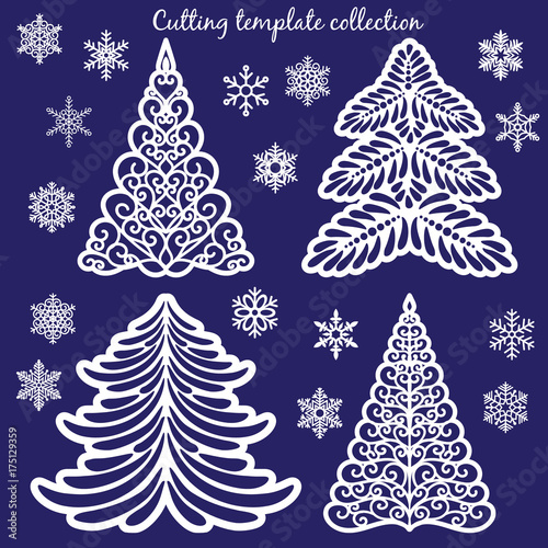 Christmas cutting templates collection: trees and snowflakes cut out of paper. Template for Christmas cards, invitations for Christmas party.