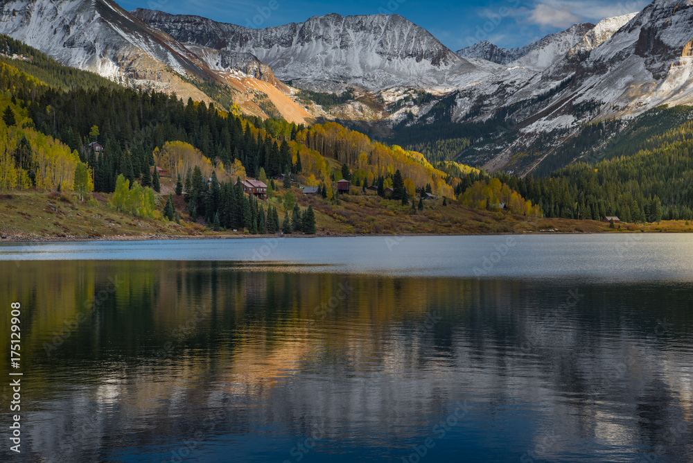 Autumn in Telluride view from Trout lake with mountain and forest reflection Autumn in Telluride view from Trout lake with mountain and forest reflection