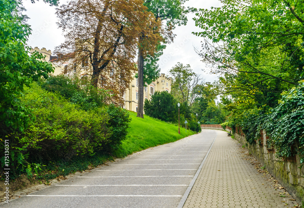 The road leading to the castle Hluboka in the Czech Republic.  Czech Windsor. Medieval fortress. Castle of Schwarzenberg