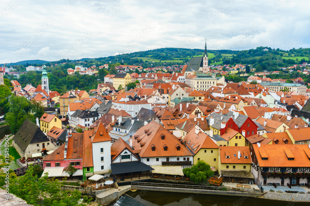 Cesky Krumlov. Medieval fortress and the river Vltava. Red tile and narrow streets. Houses made of stone. Medieval houses