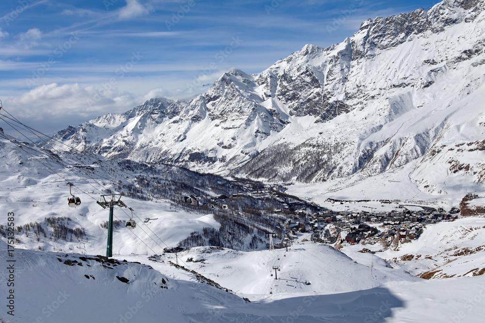 Mountain skiing - panoramic view at the ski slopes and Cervinia, Italy, Valle d'Aosta, Breuil-Cervinia, Aosta Valley, Cervinia