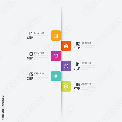 Business infographics template 6 steps with square