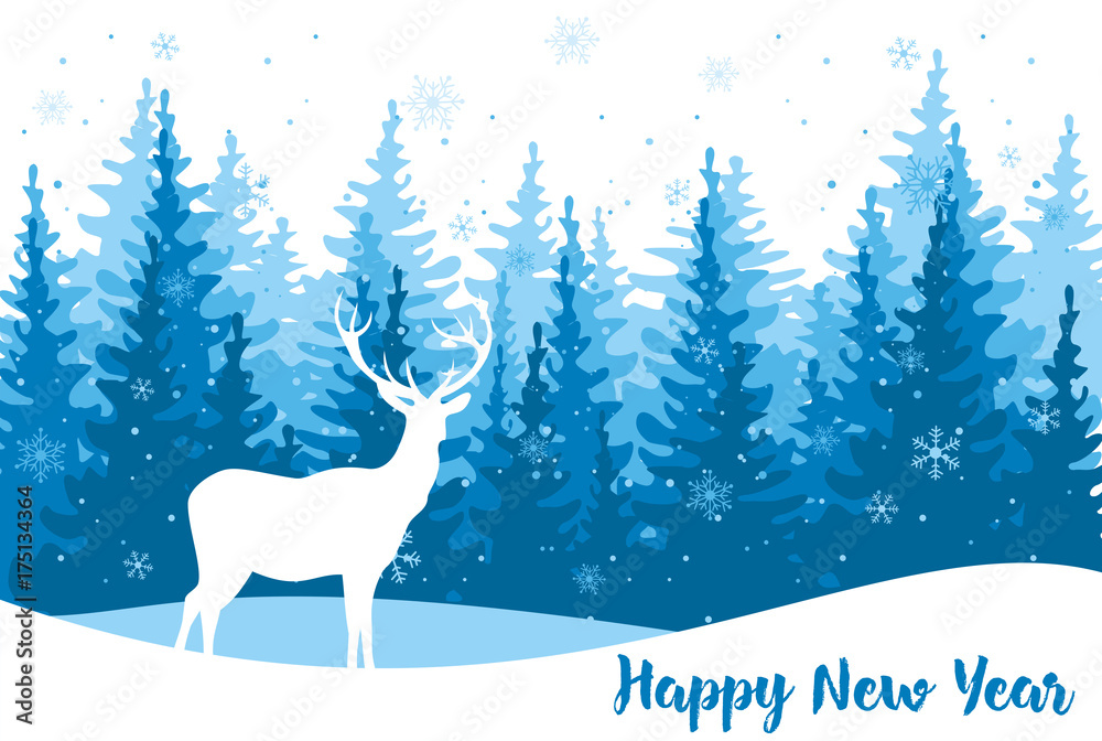 Naklejka premium Vector illustration for greeting card with white deer on christmas trees background in flat style. Happy New Year text.
