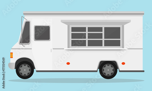 Vector illustration of white fast food trailer isolated on light blue color background in flat style.