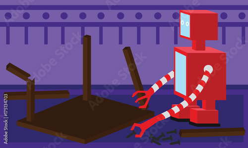 Domestic robot repairing a wooden table. Robotic carpenter futuristic concept illustration vector.
