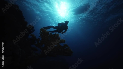 Wallpaper Mural Scuba diver swims deep under boat, POV Torontodigital.ca