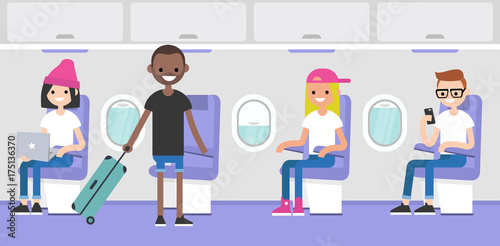 Airplane interior. Passengers boarding on a plane. Flight in the economy class. Flat editable vector illustration, clip art