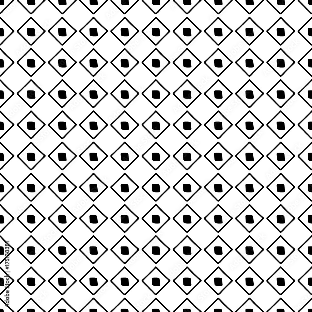 Seamless vector pattern. Black and white geometrical background with hand drawn decorative elements. Print with simple geometric motifs. Graphic vector illustration.